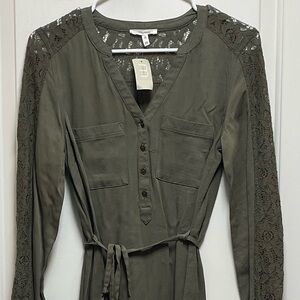 Maurices XS Olive Green Lace Sleeves & Shoulders Tie Waist  Bohemian Y2K Dress